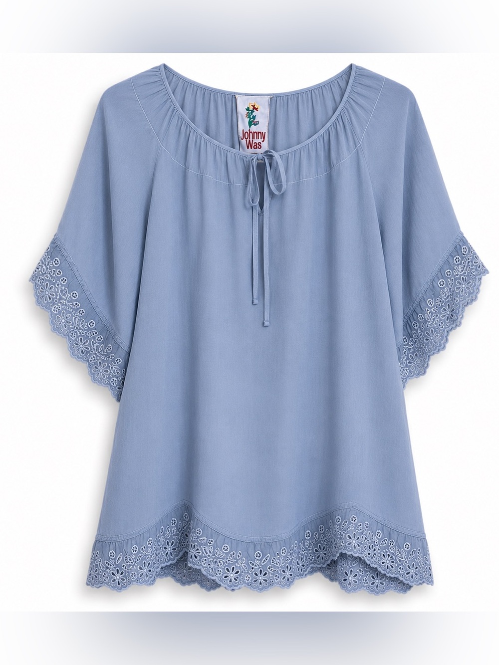 Johnny Was | Light Blue Embroidered Eyelet Trim Draped Sleeve Breezy Tunic Top S